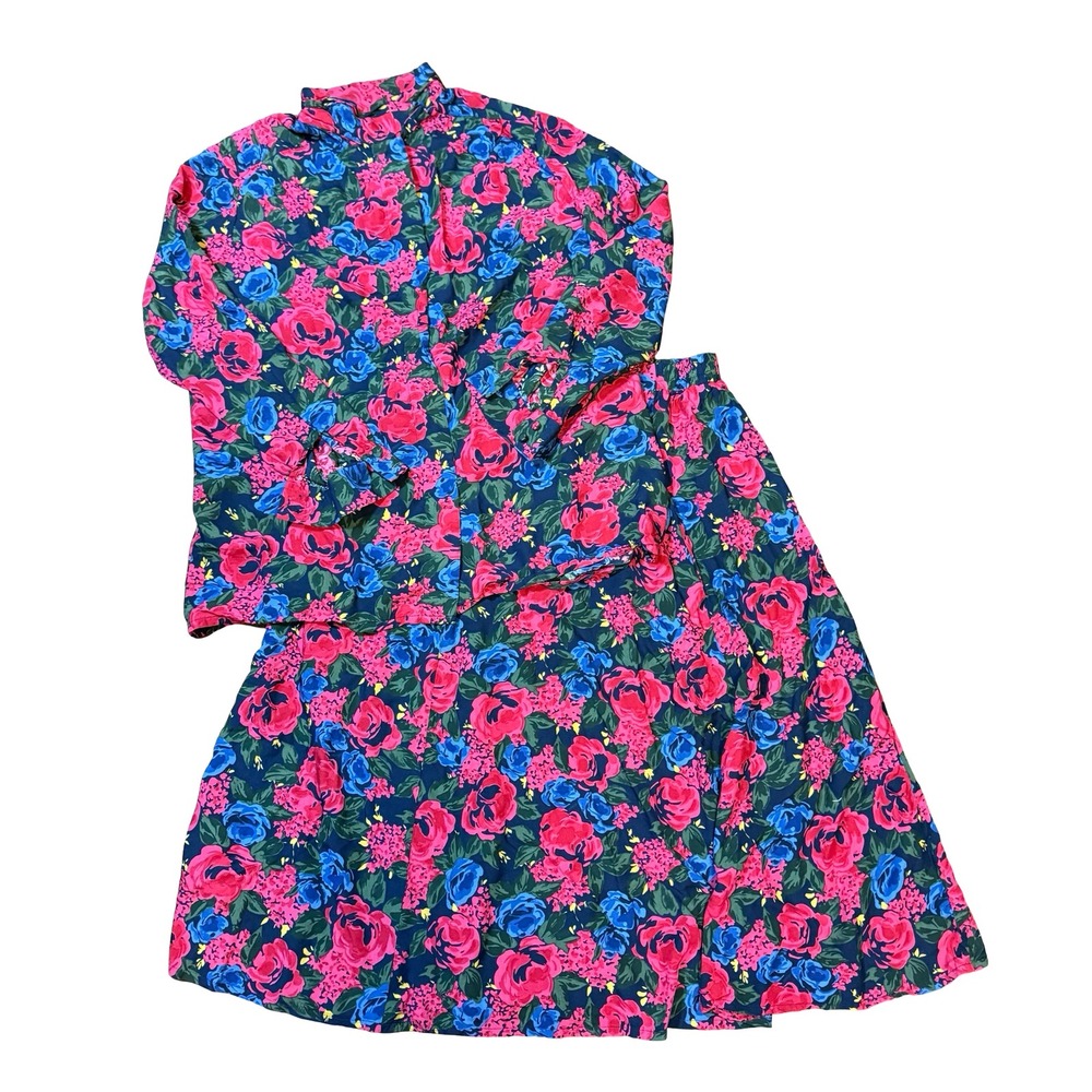 Pendleton Plus Vintage 100% Rayon Floral Blouse and Skirt Set Pink Blue 18W